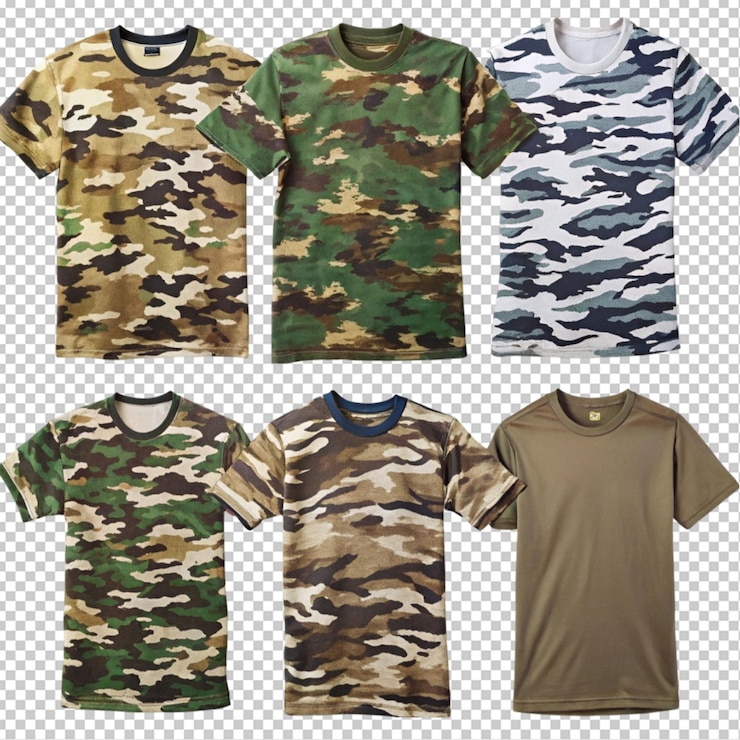 PSD variedad de camiseta de camuflaje con fondo transparente