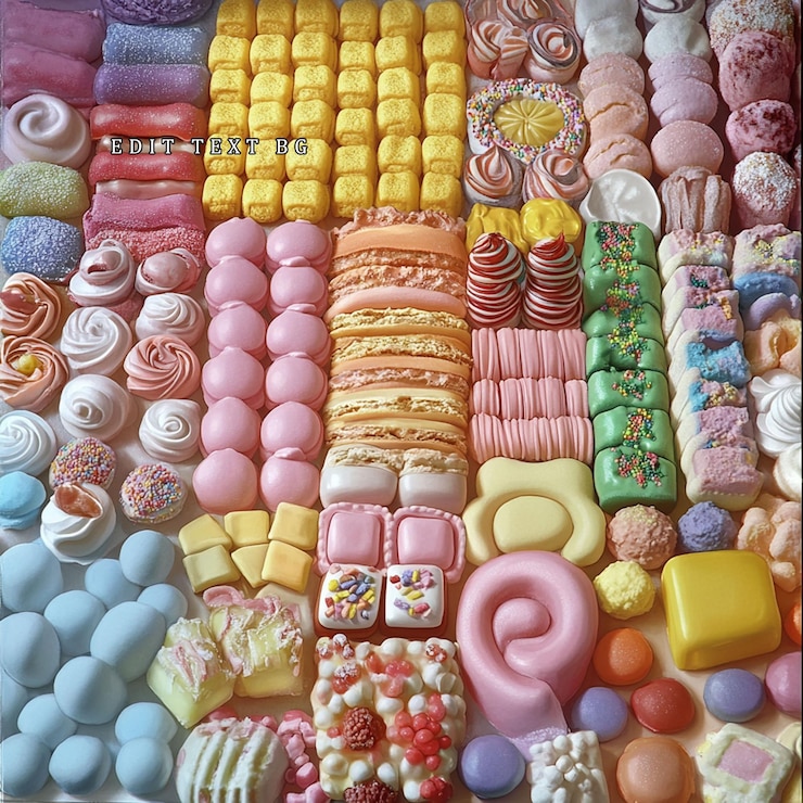 PSD una variedad de caramelos y dulces de colores pastel dispuestos en una exhibición organizada de colores