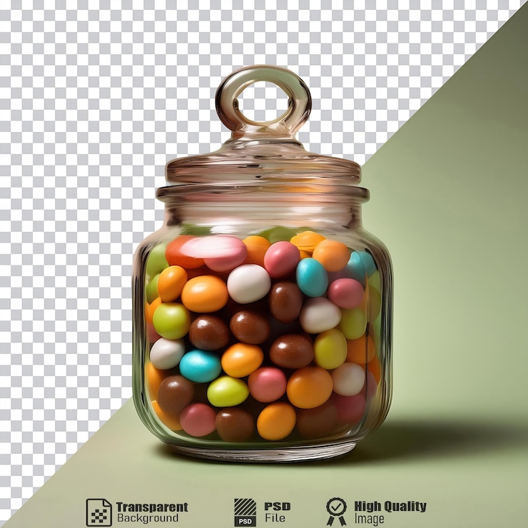 PSD una variedad de chocolates coloridos en un frasco de vidrio con un cerrojo de metal