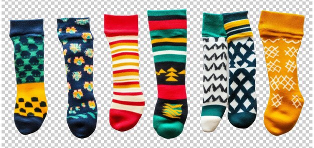 Una variedad colorida de calcetines con patrones aislados sobre un fondo transparente