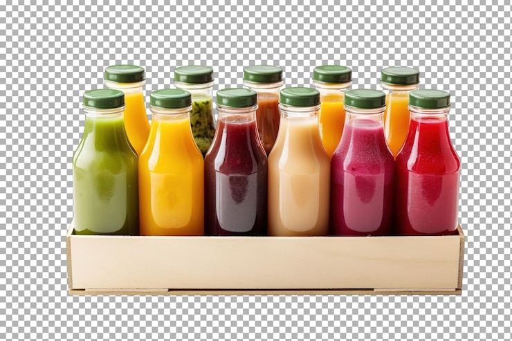 PSD una variedad colorida de jugos frescos en botellas de vidrio sentados en una bandeja de madera sobre un fondo transparente blanco o png