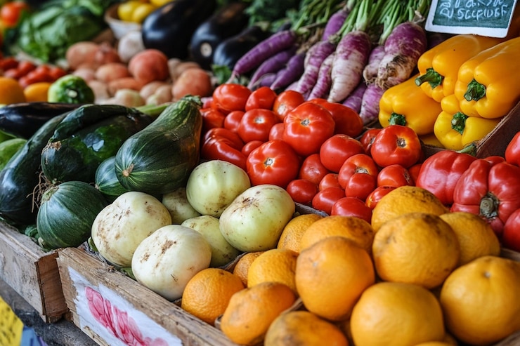 PSD una variedad colorida de productos frescos en un mercado de agricultores, incluidos tomates, naranjas, pimientos, calabazas y verduras de raíz