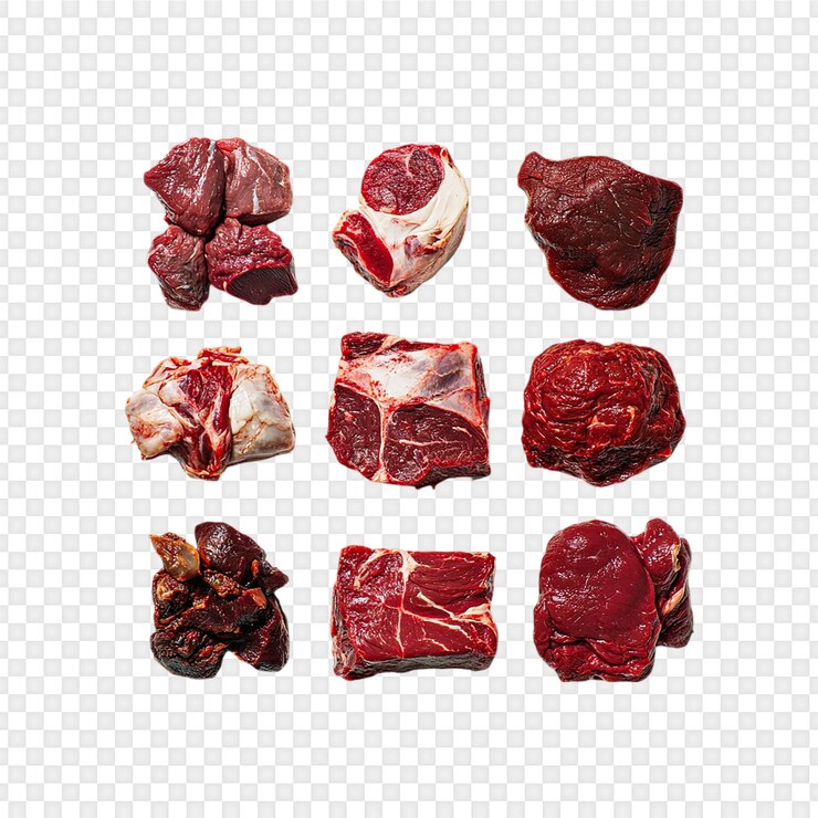 PSD una variedad de cortes de carne cruda aislados en un fondo transparente