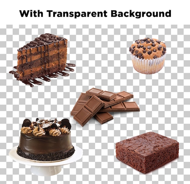 Una variedad de deliciosos postres de chocolate sobre un fondo transparente