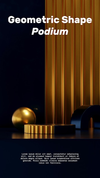 una variedad de formas y paredes de imágenes en 3d representan una maqueta vacía de podio metálico dorado y azul en posición vertical