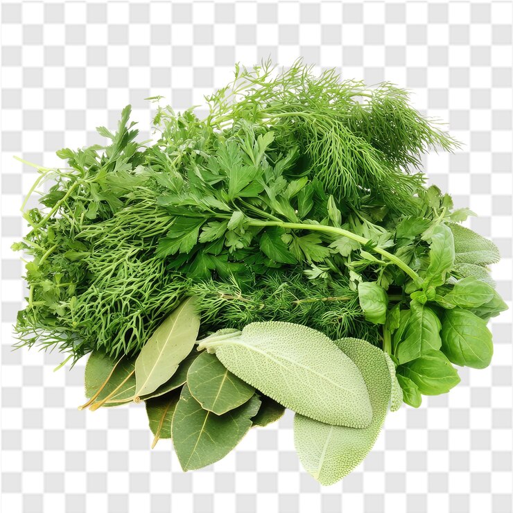 PSD una variedad de hierbas frescas, incluida la salvia de perejil de eneldo y las hojas de laurel dispuestas en un montón