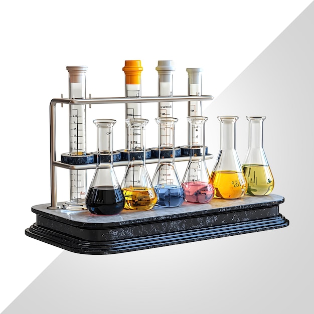 Una variedad de líquidos de colores en vasos de laboratorio para experimentos científicos