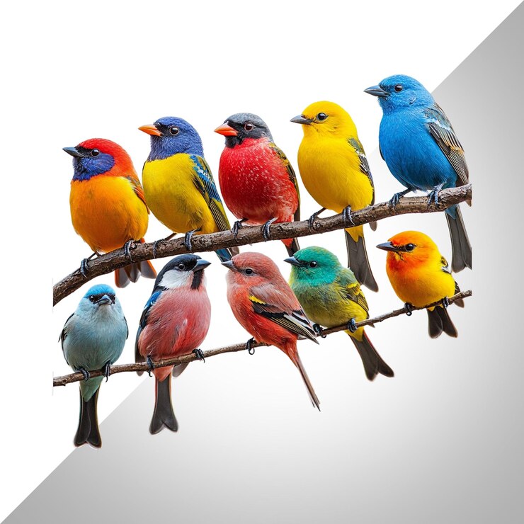 PSD una variedad de pájaros coloridos vuelan en el aire aislados en un fondo transparente.
