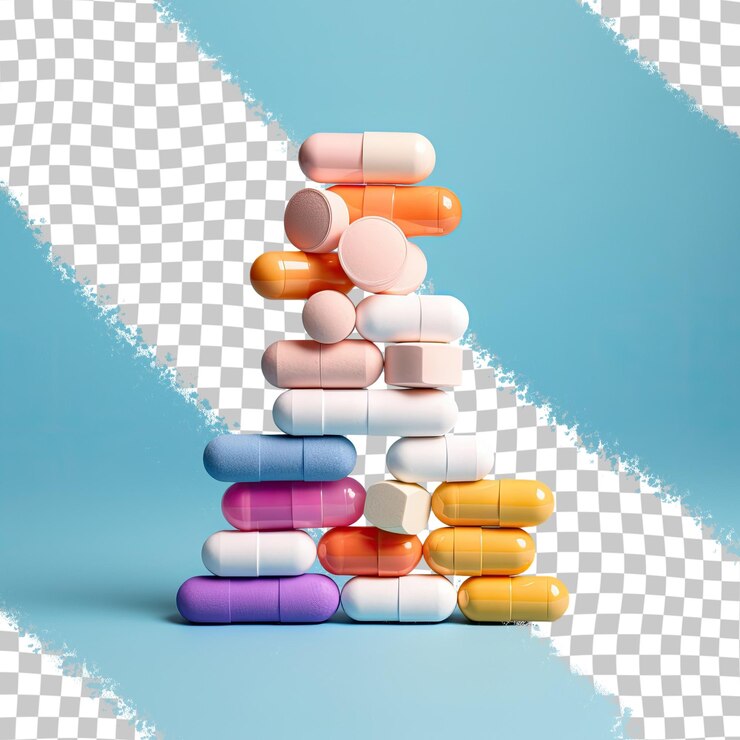 PSD una variedad de pastillas apiladas sobre una superficie gris