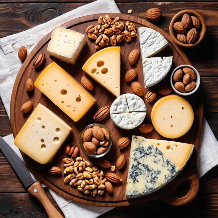 PSD variedad de queso y nueces alrededor de la tabla de cortar sobre fondo de madera
