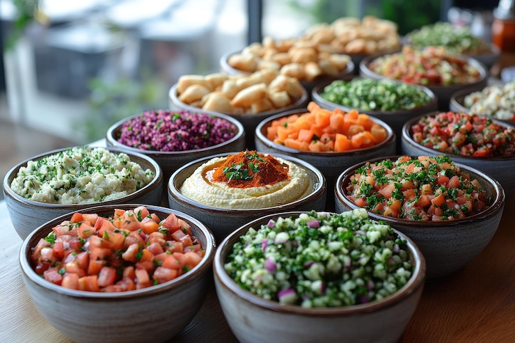 PSD una variedad de salsas y ensaladas dispuestas en cuencos en una mesa