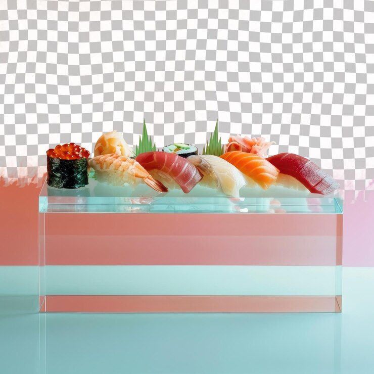PSD una variedad de sushi en una mesa con un fondo rosa y blanco