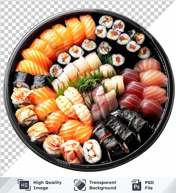 PSD una variedad de sushi y sashimi en un fondo transparente