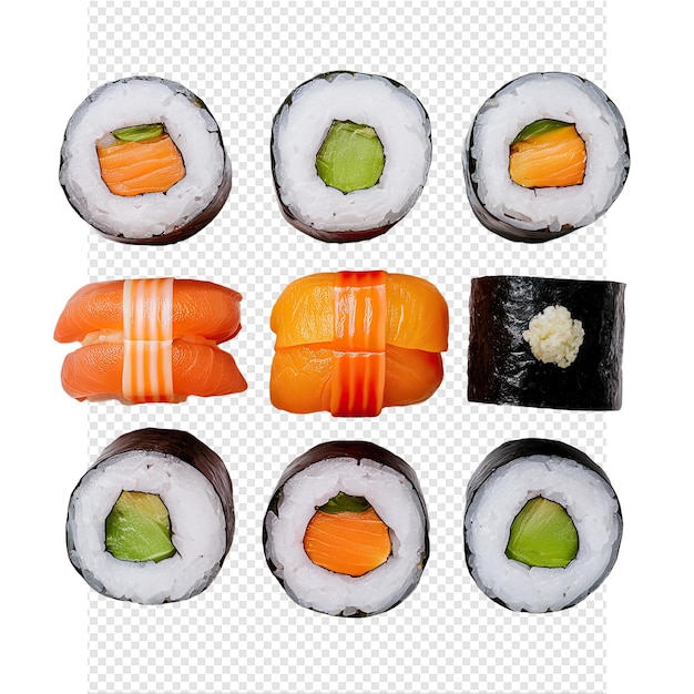 PSD una variedad de sushi y sushi se muestran con uno que dice sushi