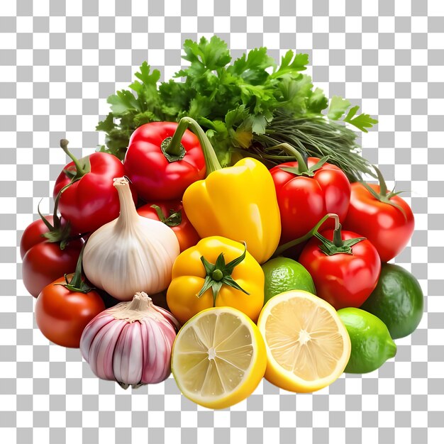 Una variedad de verduras, incluidas cebollas y pimientos, están aisladas en un fondo transparente