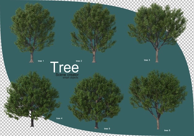 Variedade de árvores em renderização 3d