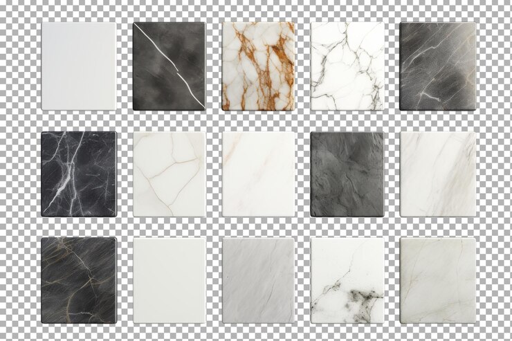 PSD variedade de azulejos de mármore e pedra exibidos em um cenário bem iluminado para seleção de design de interiores