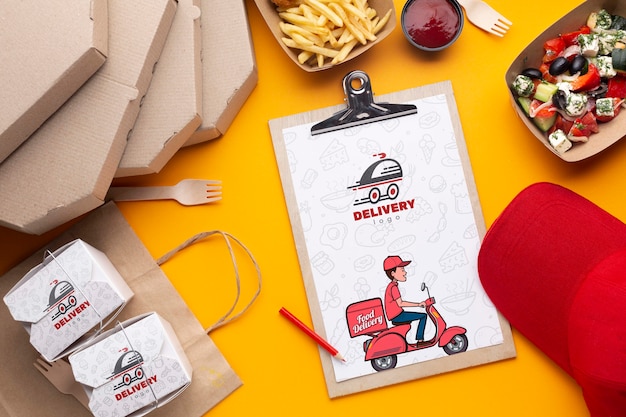 Variedade de entrega de comida grátis com maquete da área de transferência
