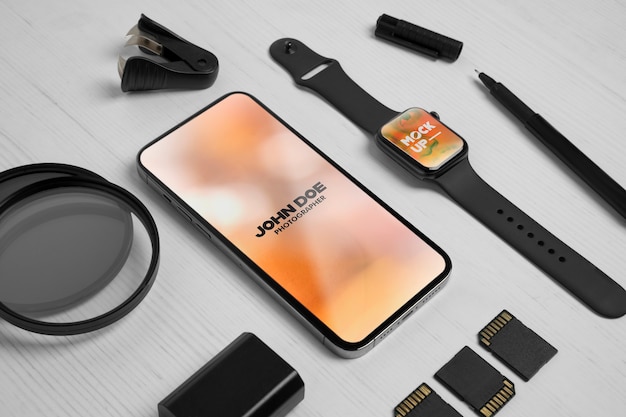PSD variedade de mock-up de tecnologia e itens usados para fotografia