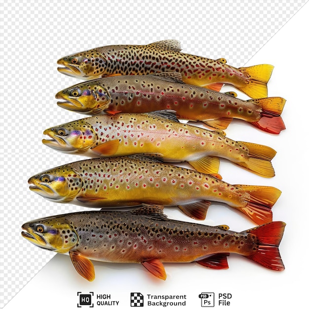 Variedades aisladas de trucha fresca sobre un fondo transparente, incluidos peces de color naranja amarillo y narenja amarillo, así como un pez pequeño dispuestos de izquierda a derecha