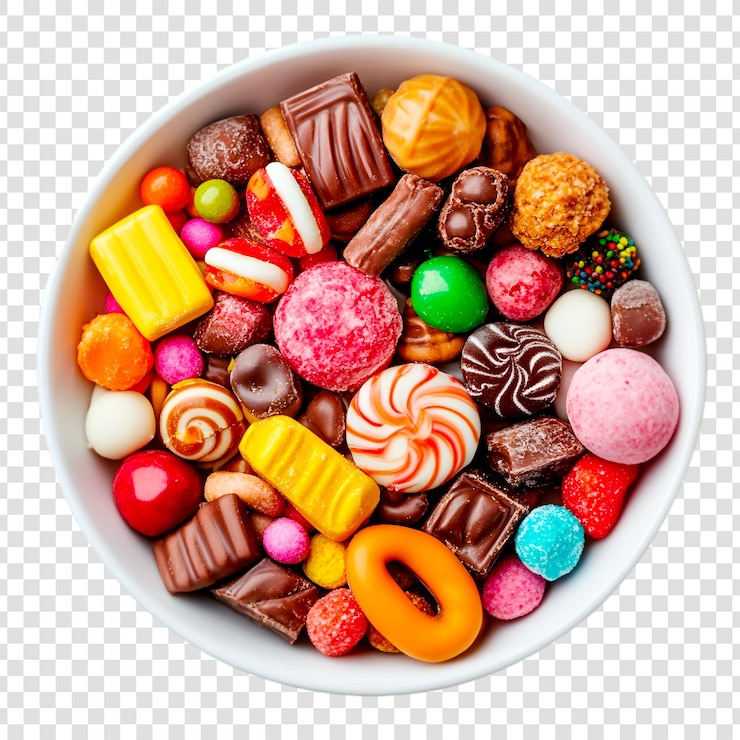 PSD une variété de bonbons colorés dans un bol blanc sur un fond transparent