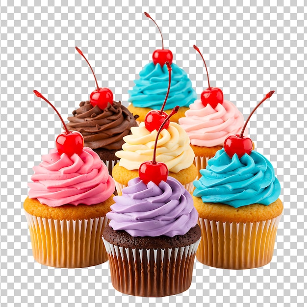 Une variété de cupcakes colorés avec des cerises sur le dessus
