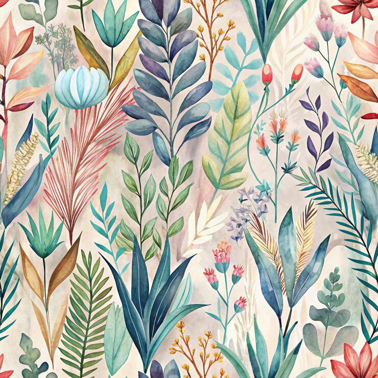 PSD variété de plantes couleurs de printemps douces fond gouache