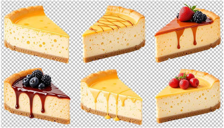Variety of delicious cheesecake slices with different toppings and fruits