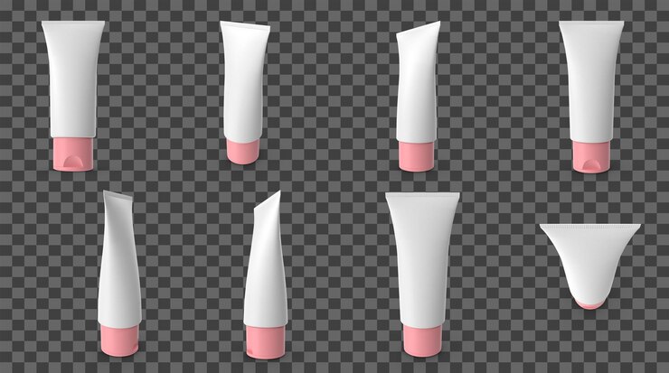 PSD variety of white cosmetic tubes with pink caps perfect for product mockups