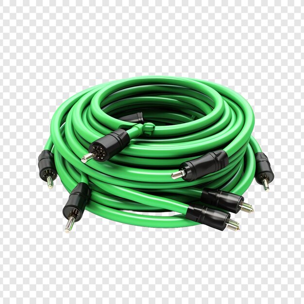 PSD varios cables acústicos verdes conectados aislados sobre un fondo transparente
