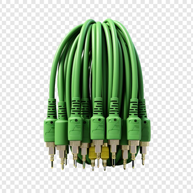 PSD varios cables acústicos verdes conectados aislados sobre un fondo transparente