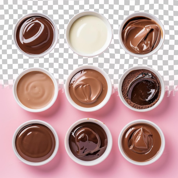PSD varios cuencos de chocolates diferentes se muestran en un fondo rosado