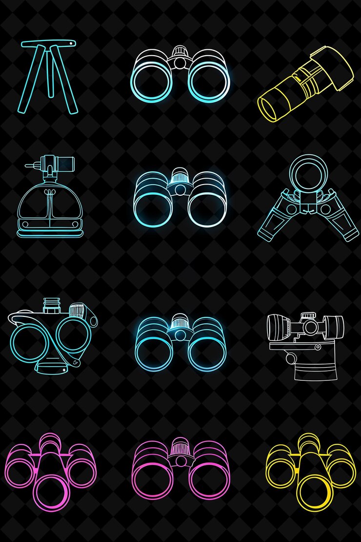 PSD vários ícones binoculares com aura brilhante e sinal de néon l creative set neon color y2k collection