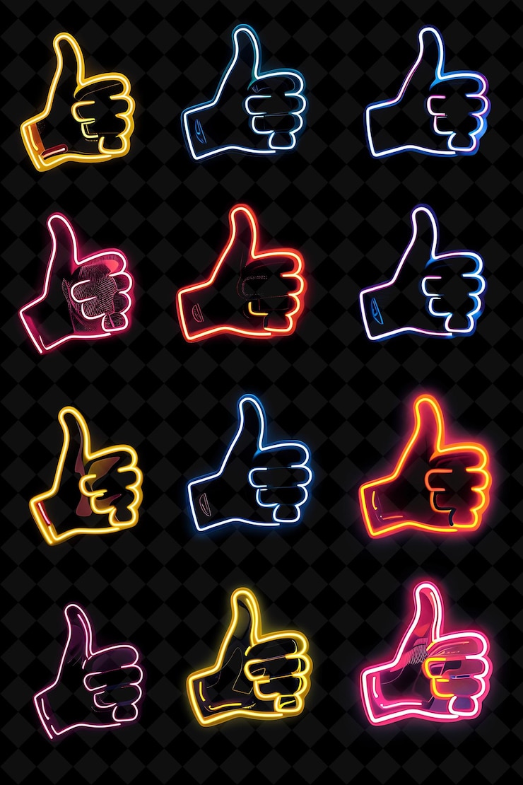 PSD vários ícones de polegar para cima com brilho de néon vibrante em online creative set neon color y2k collection