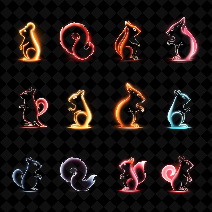 PSD varios íconos de ardilla con aura brillante y 16 bits de píxeles creativos colección neon color y2k