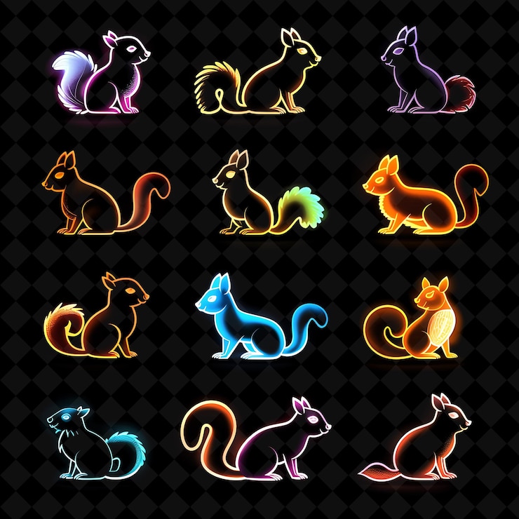 PSD varios íconos de ardilla con aura brillante y 16 bits de píxeles creativos colección neon color y2k