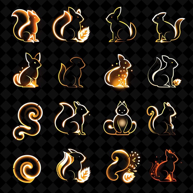 PSD varios íconos de ardilla con aura brillante y 16 bits de píxeles creativos colección neon color y2k