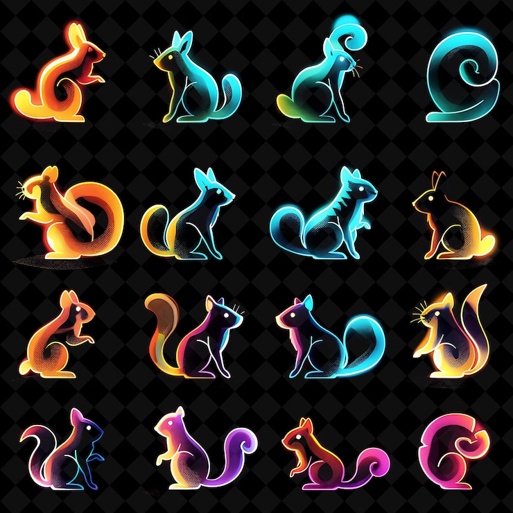 PSD varios íconos de ardilla con aura brillante y 16 bits de píxeles creativos colección neon color y2k