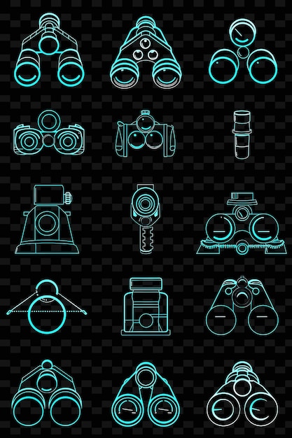PSD varios íconos binoculares con aura brillante y conjunto de letreros de neón png iconic y2k shape art decorativel