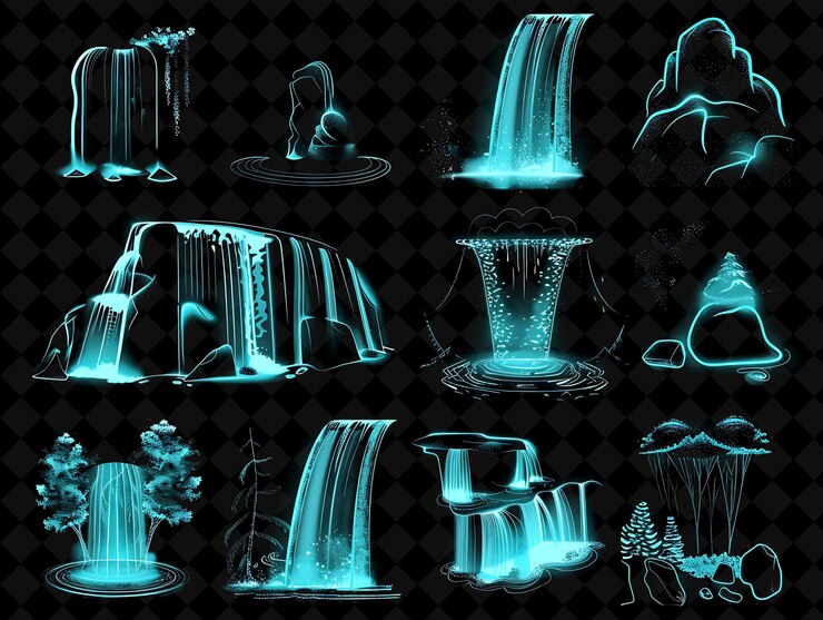 PSD varios íconos de cascadas con aura brillante y estilo punteado conjunto creativo color de neón colección y2k