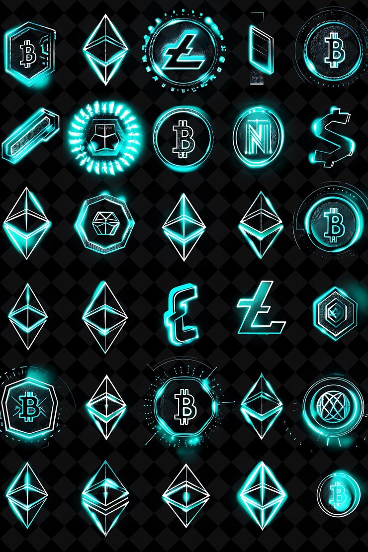 PSD varios íconos de criptomonedas con brillo pulsante en pixelado conjunto creativo color de neón colección y2k