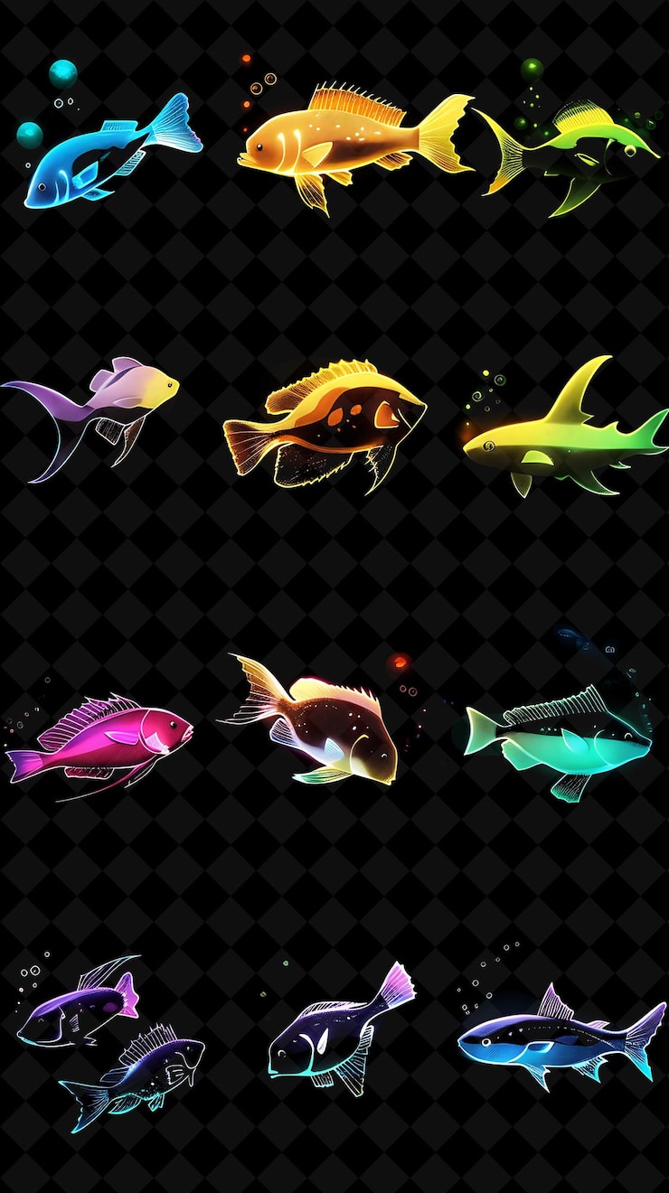 PSD varios íconos de peces con aura brillante y 8 bits arcane sty creative set color de neón colección y2k