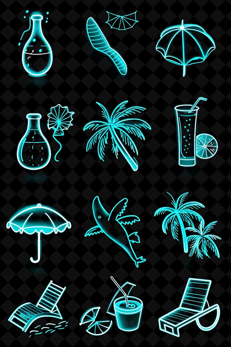 PSD varios íconos de playa con aura brillante y estilo pixelado conjunto creativo color de neón colección y2k
