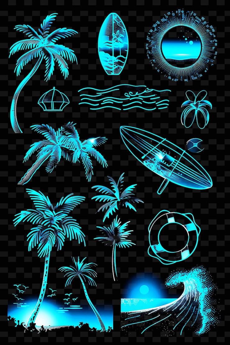 PSD varios íconos de playa con aura brillante y set de estilo pixelado png iconic y2k shape art decorativee