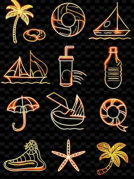 PSD varios íconos de playa con aura brillante y set de estilo pixelado png iconic y2k shape art decorativee