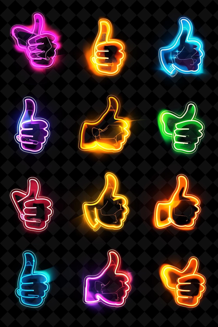 PSD varios íconos de pulgares hacia arriba con un brillante brillo de neón en línea conjunto creativo color de neón colección y2k