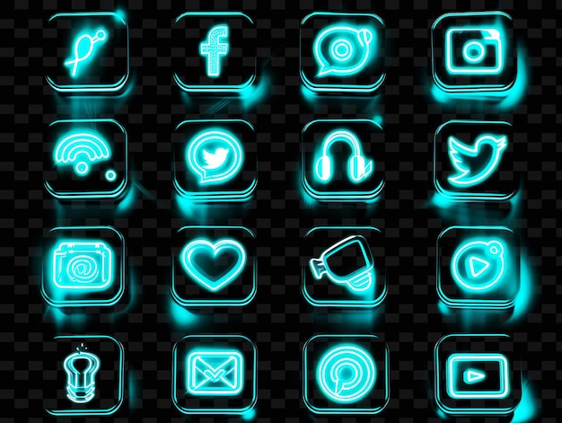 PSD varios iconos de redes sociales con un efecto brillante y un conjunto de 8 bits png iconic y2k shape art decorativea