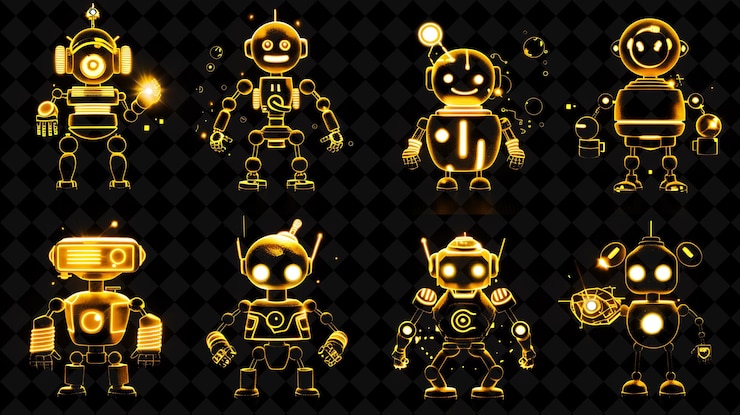 PSD varios íconos de robots comerciales con efecto brillante en graffi conjunto creativo color de neón colección y2k
