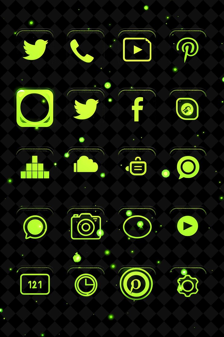 PSD varios iconos sociales con un efecto de luminescencia radiante y un conjunto creativo color de neón colección y2k