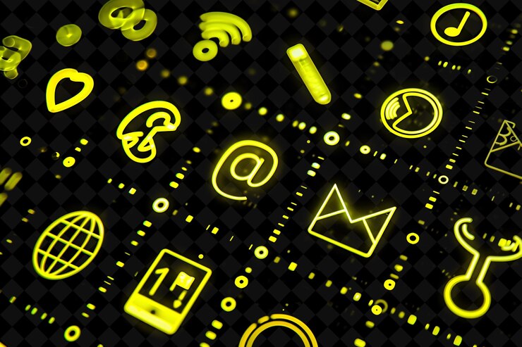 PSD varios iconos sociales con un estilo de medio tono de neón y un conjunto creativo punteado color de neón colección y2k